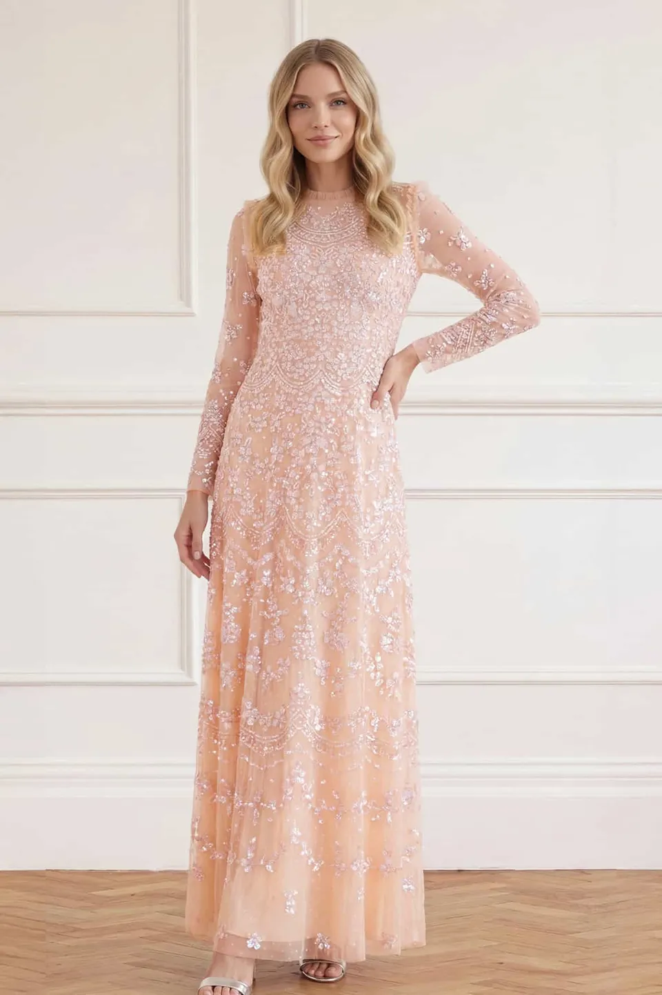 Needle & Thread Freya Long Sleeve Gown sukienka różowa cekinowa