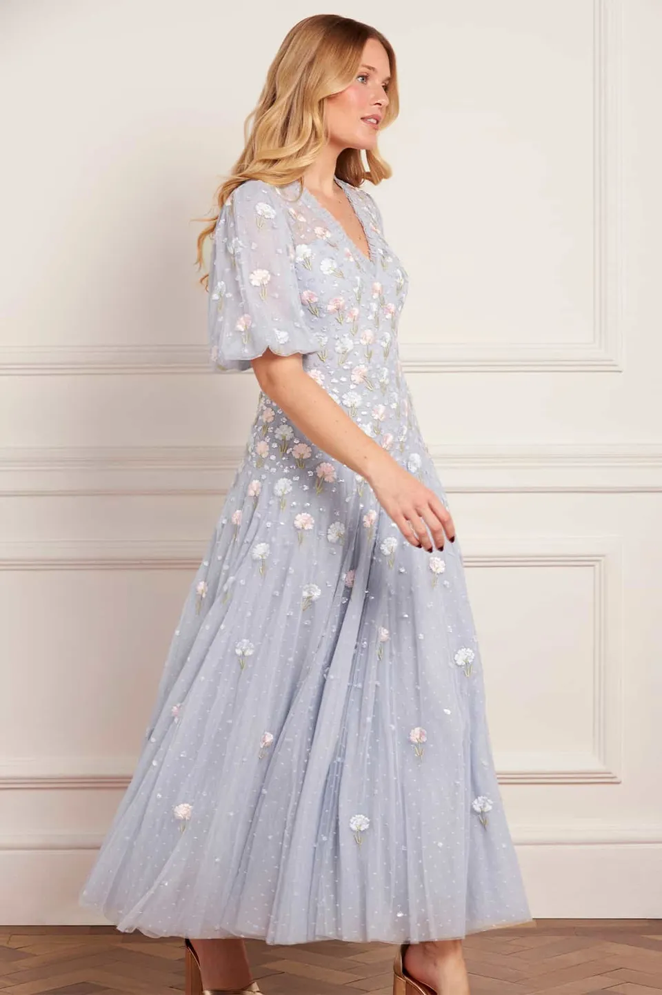 Needle & Thread Dandelion Ditsy Ankle Gown sukienka niebieska