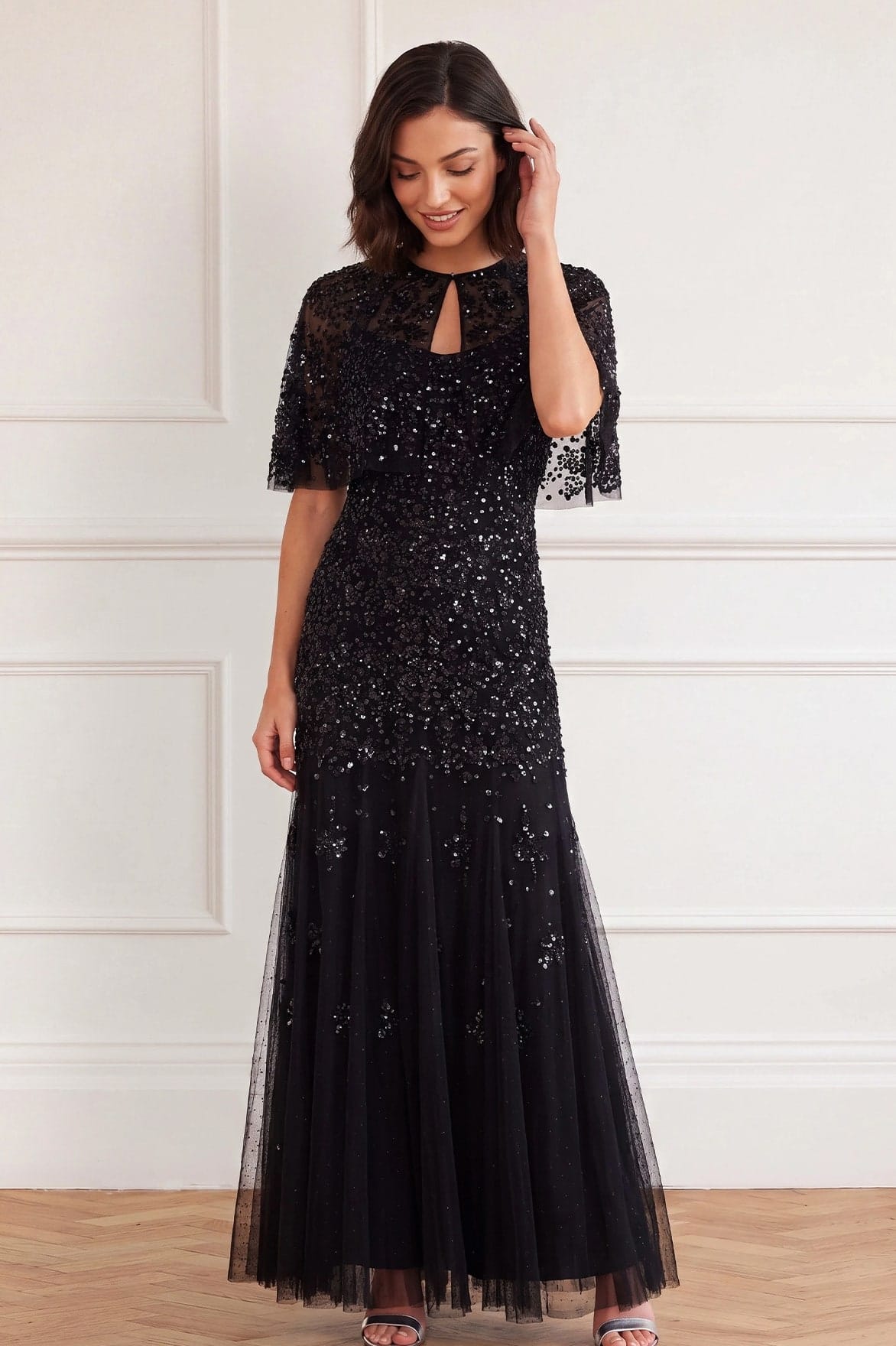 Needle & Thread Nerina Sequin Cami Cape Gown sukienka wieczorowa czarna
