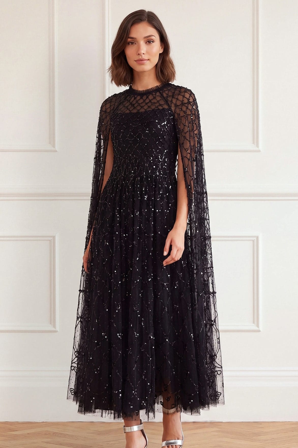 Needle & Thread Heart Lattice Ankle Gown suknia czarna cekinowa