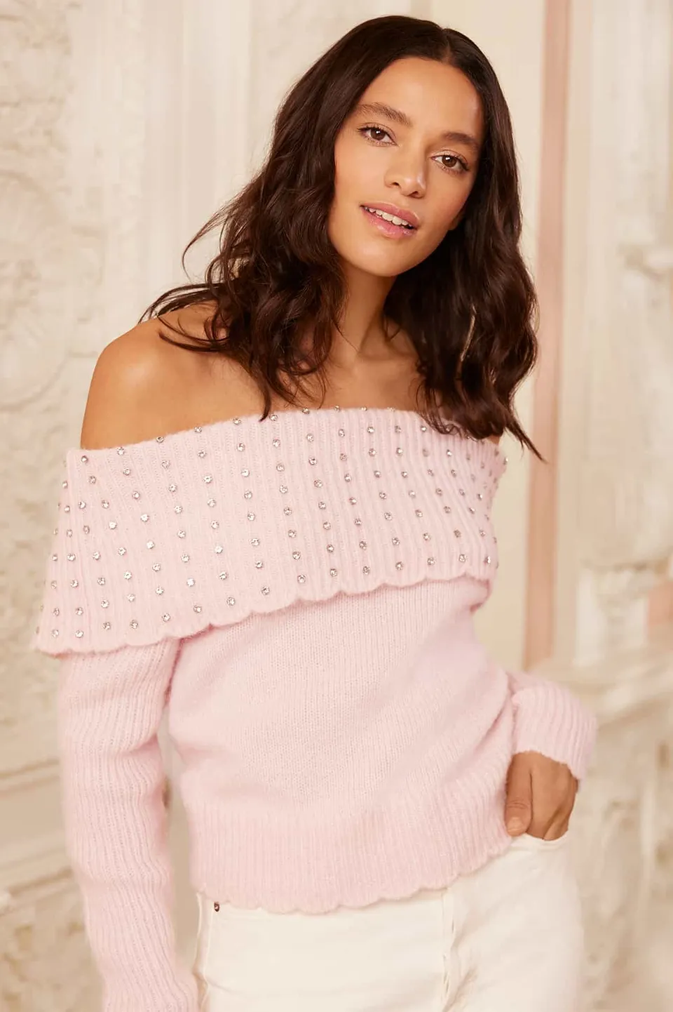 Needle & Thread Bardot sweter damski pink alpakowy