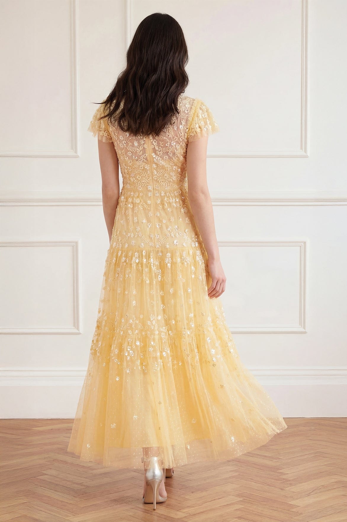 Needle & Thread Clover Short Sleeve Ankle Gown sukienka żółta cekinowa