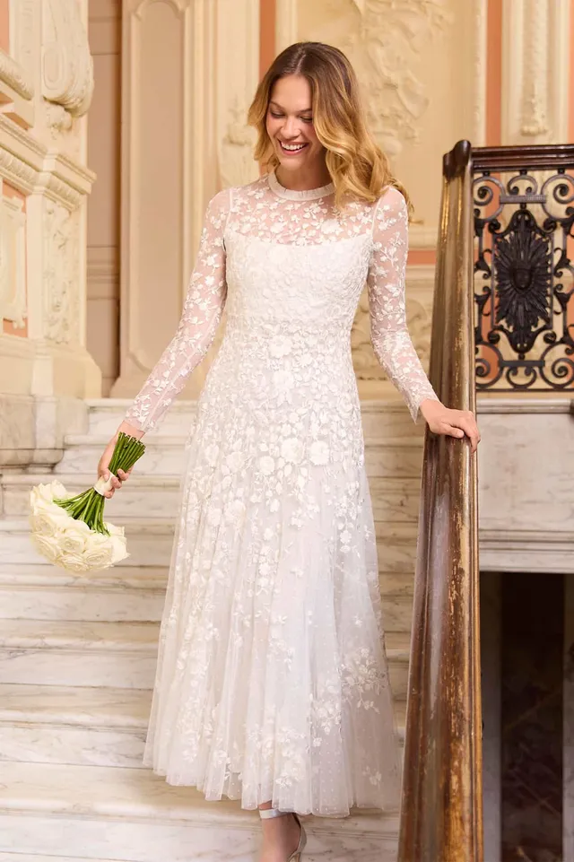 Needle & Thread Rosa Round Neck Ankle Gown sukienka biała haft