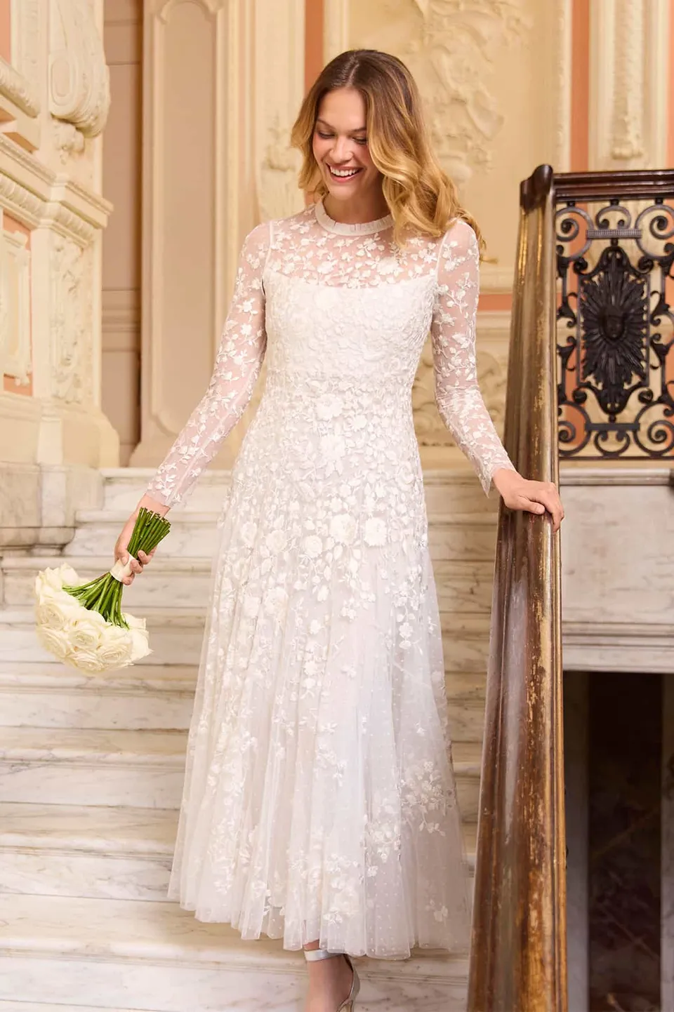 Needle & Thread Rosa Round Neck Ankle Gown sukienka biała haft
