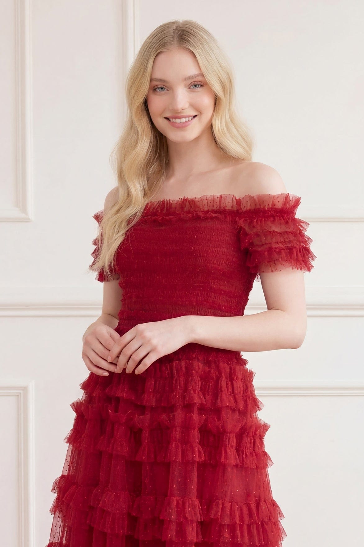 Needle & Thread Lisette Ruffle Off Shoulder sukienka bordowa