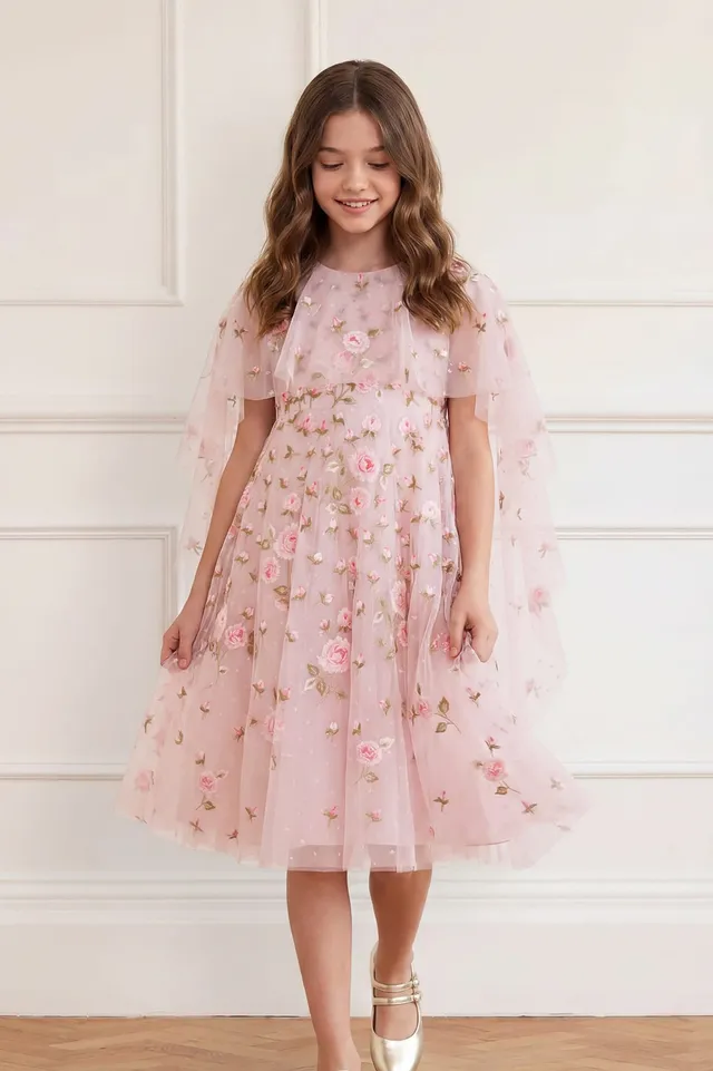 Needle & Thread Rose Bloom Cape sukienka dziewczęca różowa w kwiaty
