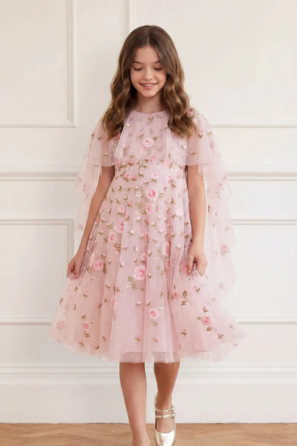 Needle & Thread Rose Bloom Cape sukienka dziewczęca różowa w kwiaty