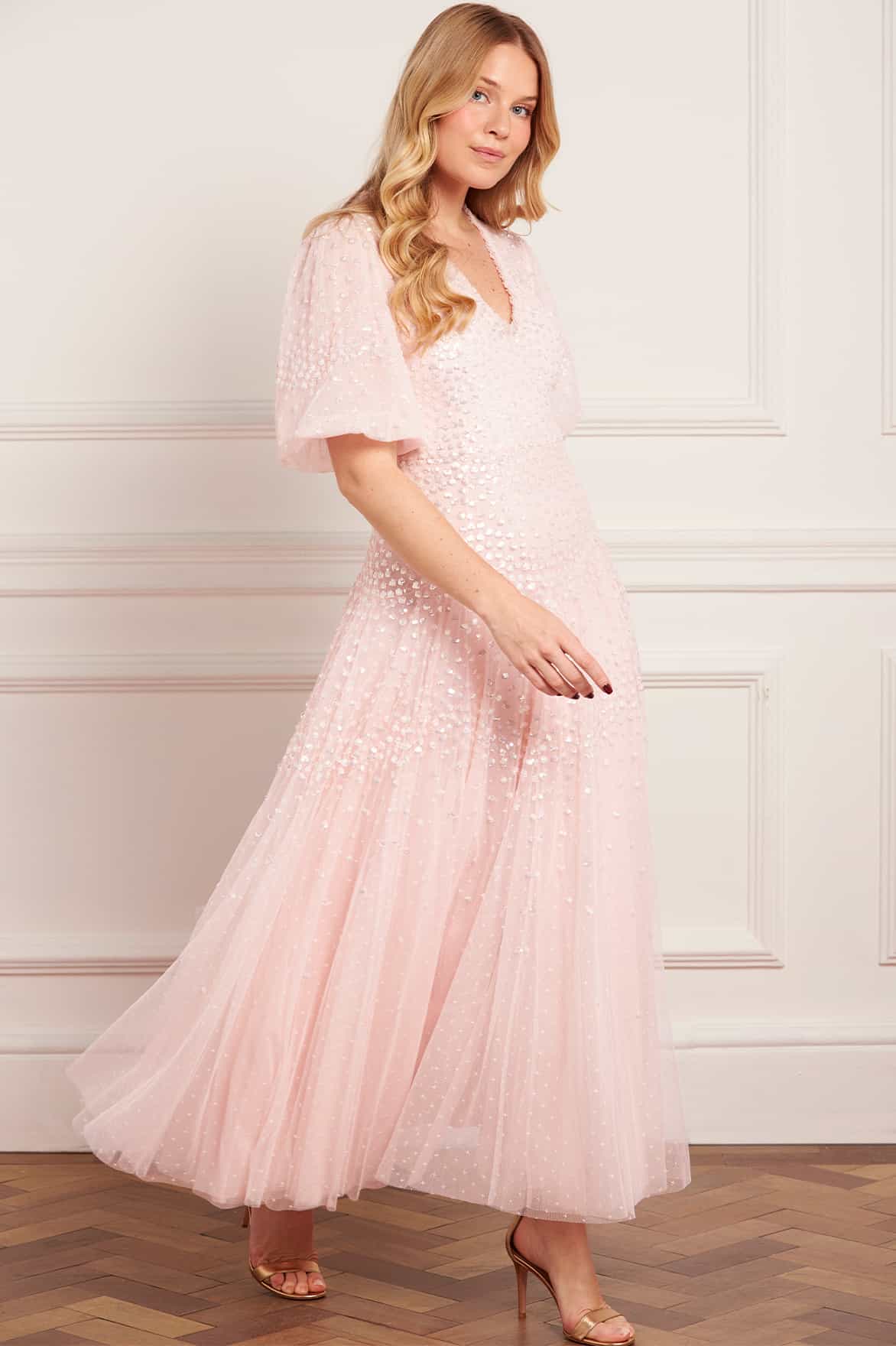 Needle & Thread Scallop Sequin V-Neck sukienka różowa cekinowa
