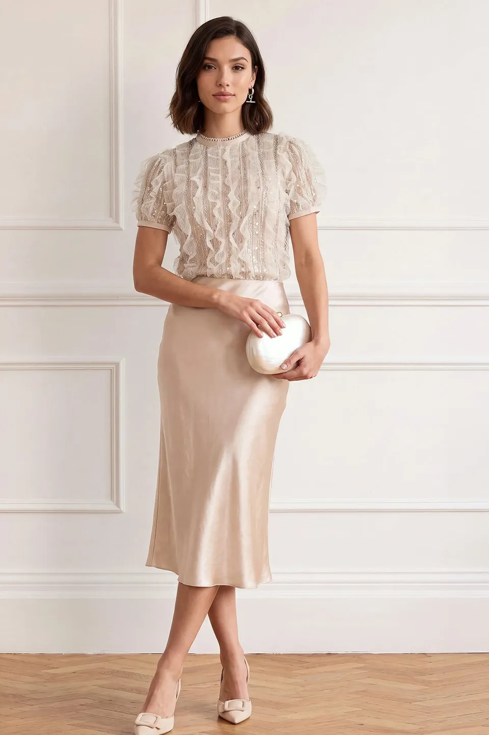 Needle & Thread Jet Frill Blouse bluzka srebrna z falbanką