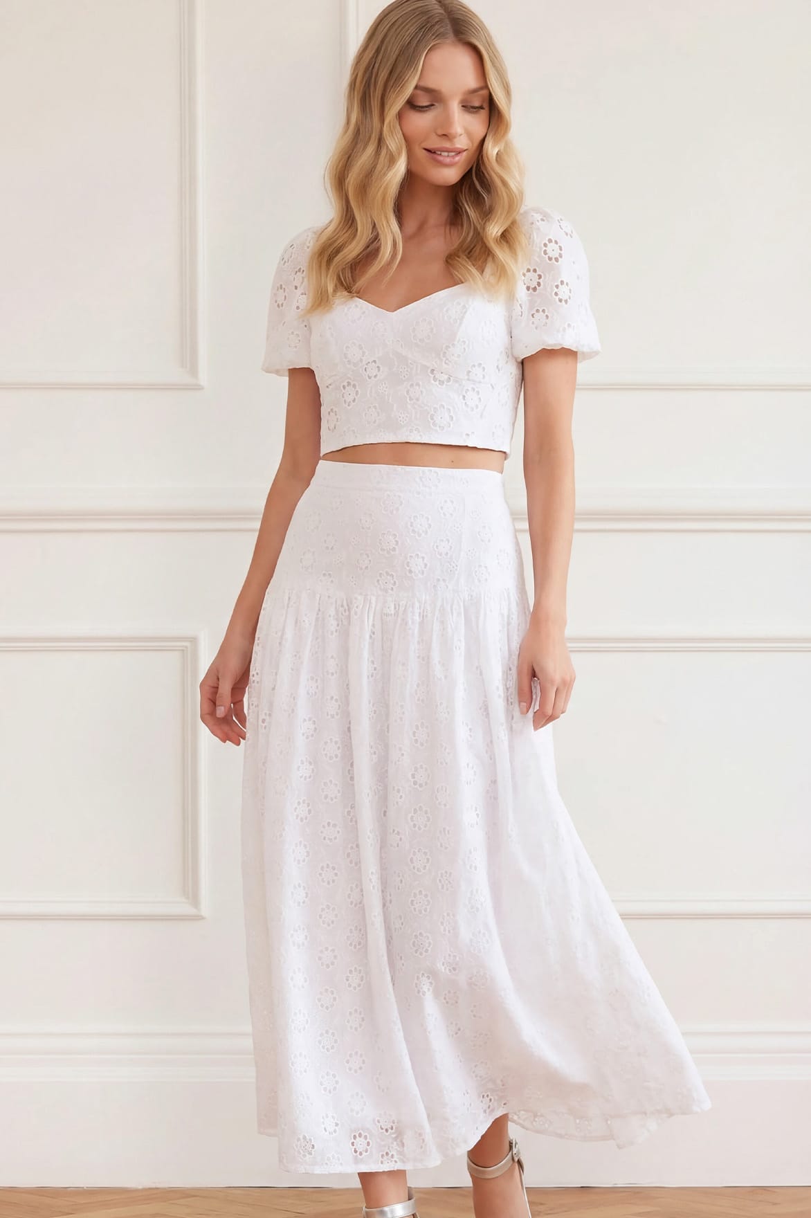 Needle & Thread Romilly Cotton Broderie Top biały bawełna
