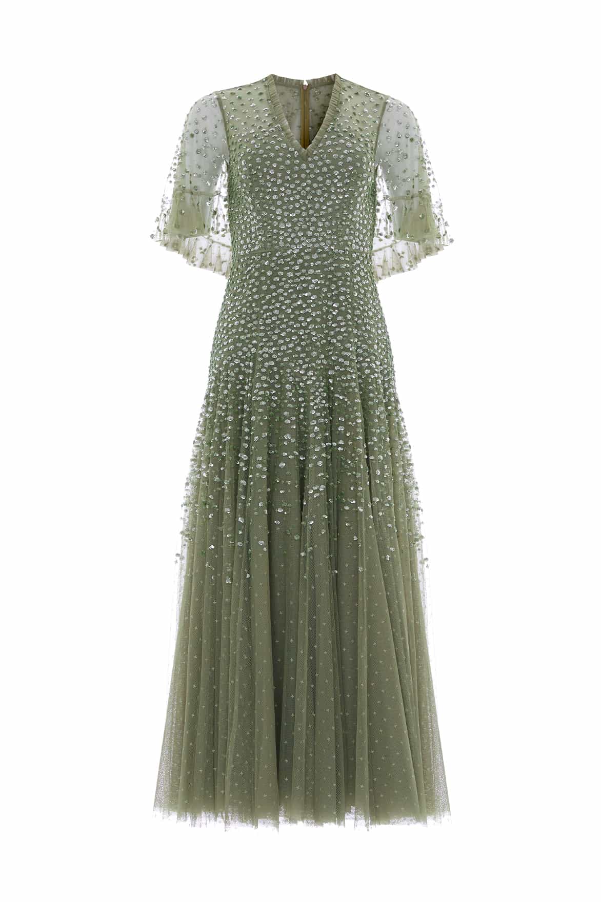 Needle & Thread Dappled Sequin Cape Ankle Gown sukienka zielona