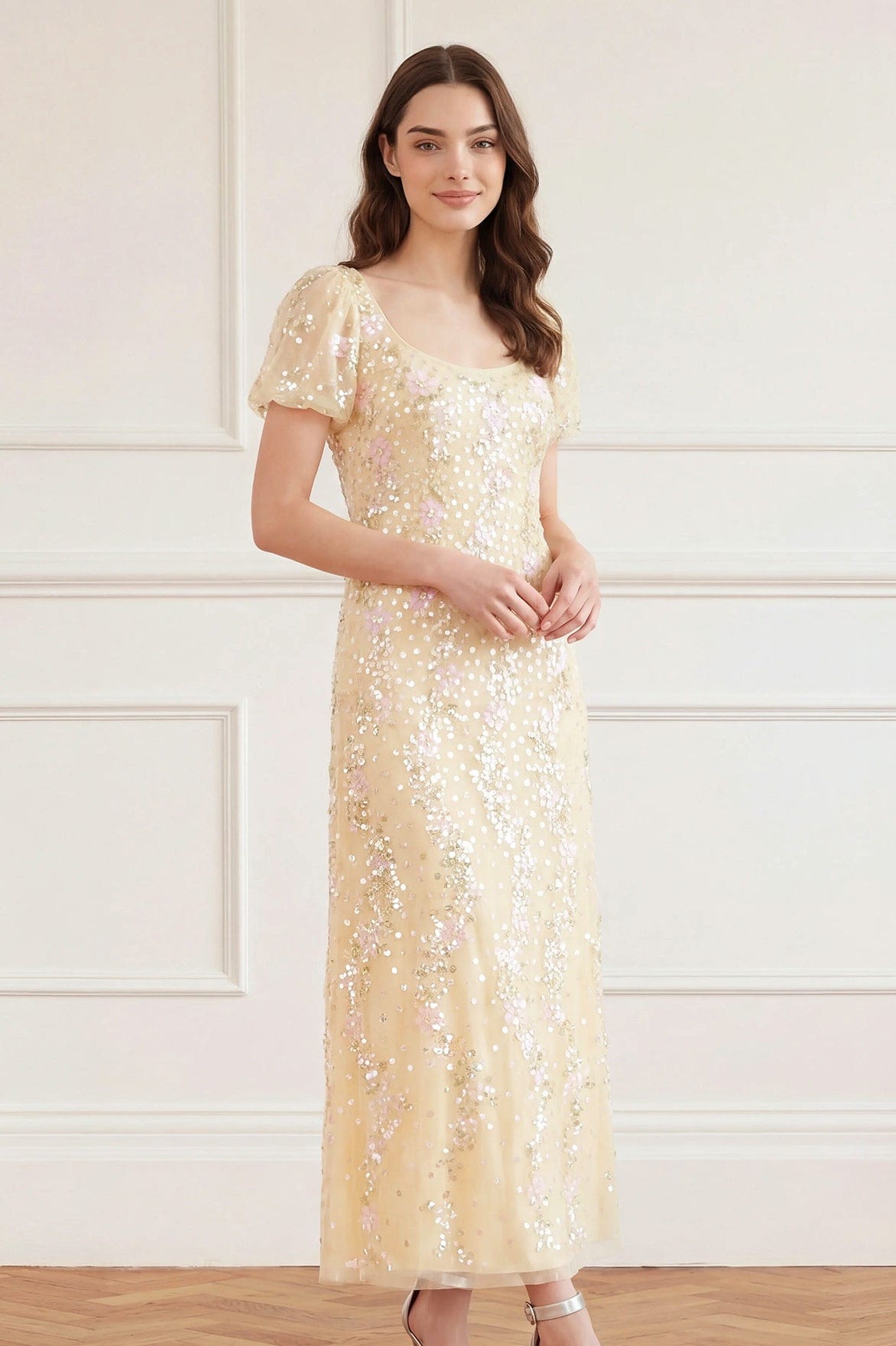 Needle & Thread Confetti Puff Sleeve Ankle Gown suknia żółta cekinowa