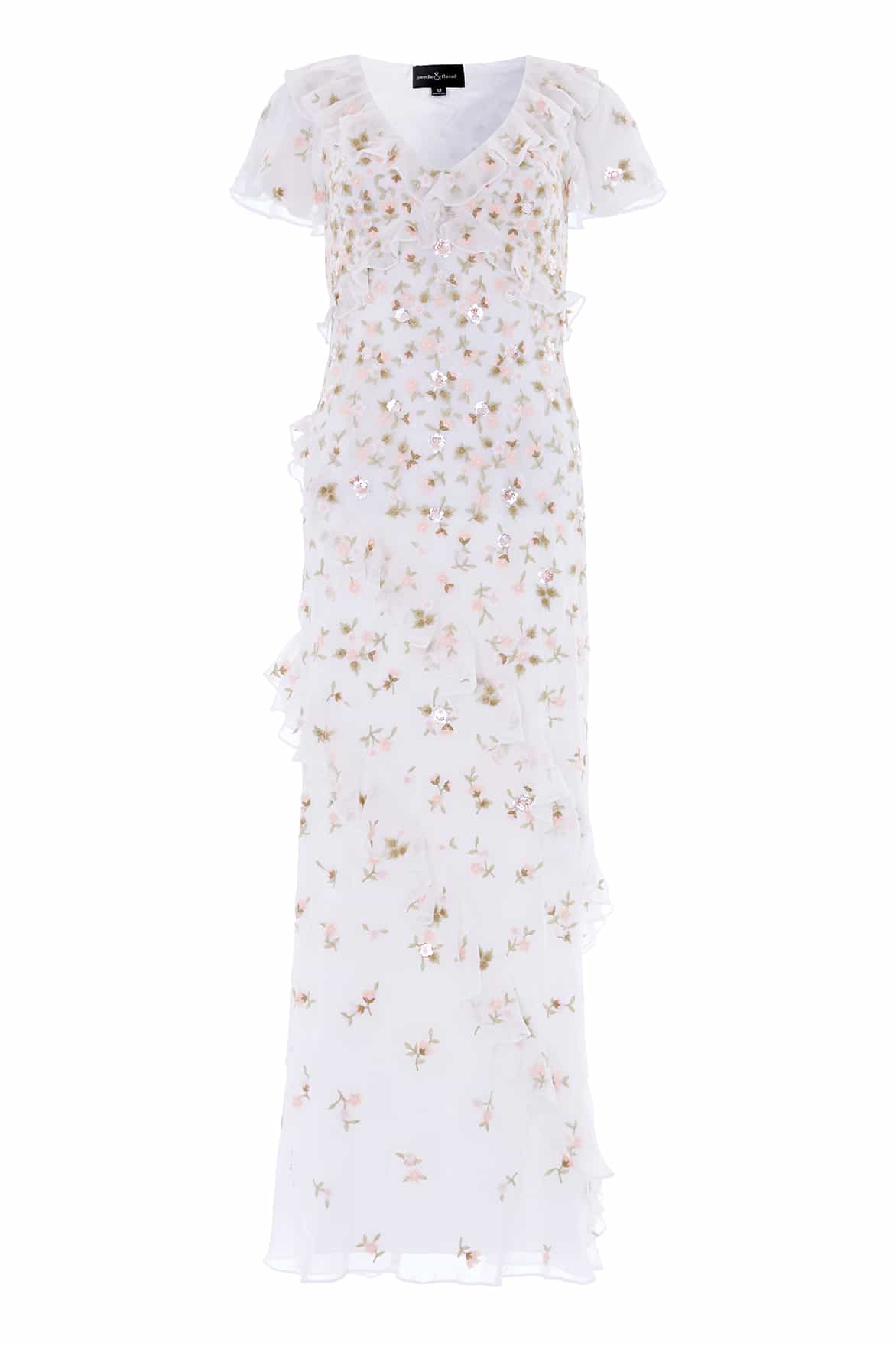 Needle & Thread Meadow Ditsy Georgette Gown sukienka biała haftowana