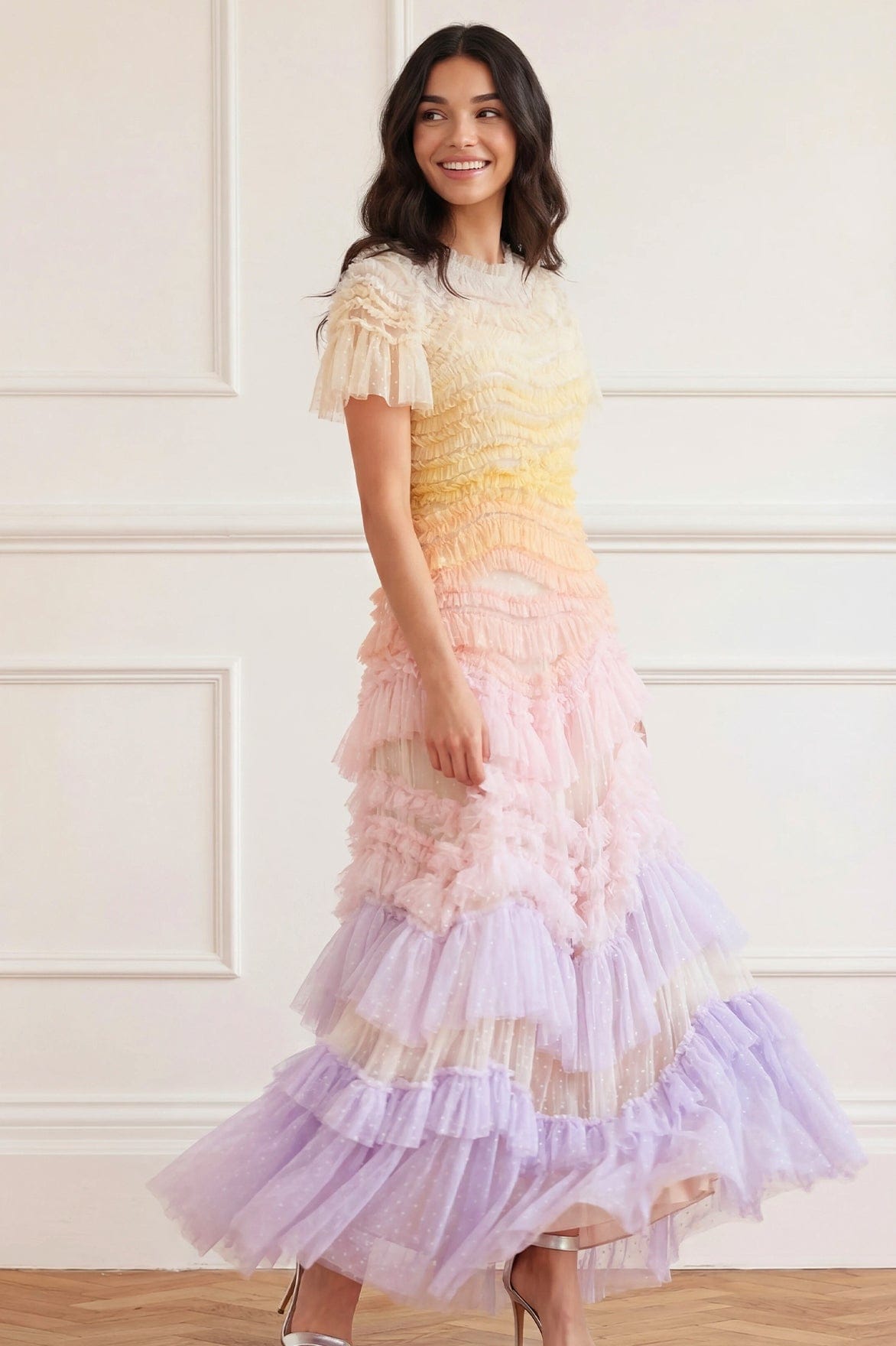 Needle & Thread Wild Rose Ombre Short Sleeve Gown suknia Multi tiulowa