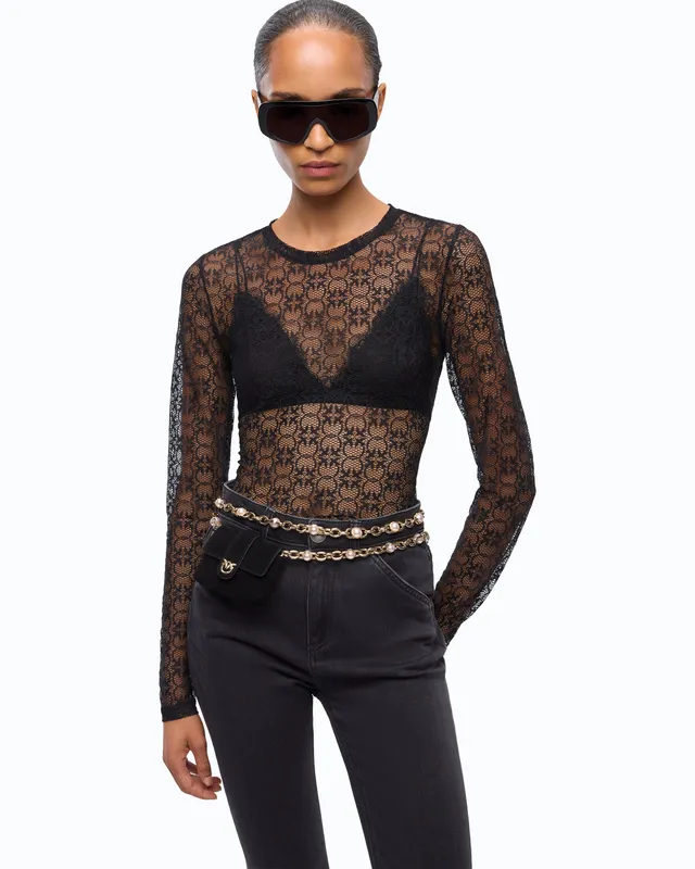 Pinko Rover sweter koronkowy czarny Love Birds