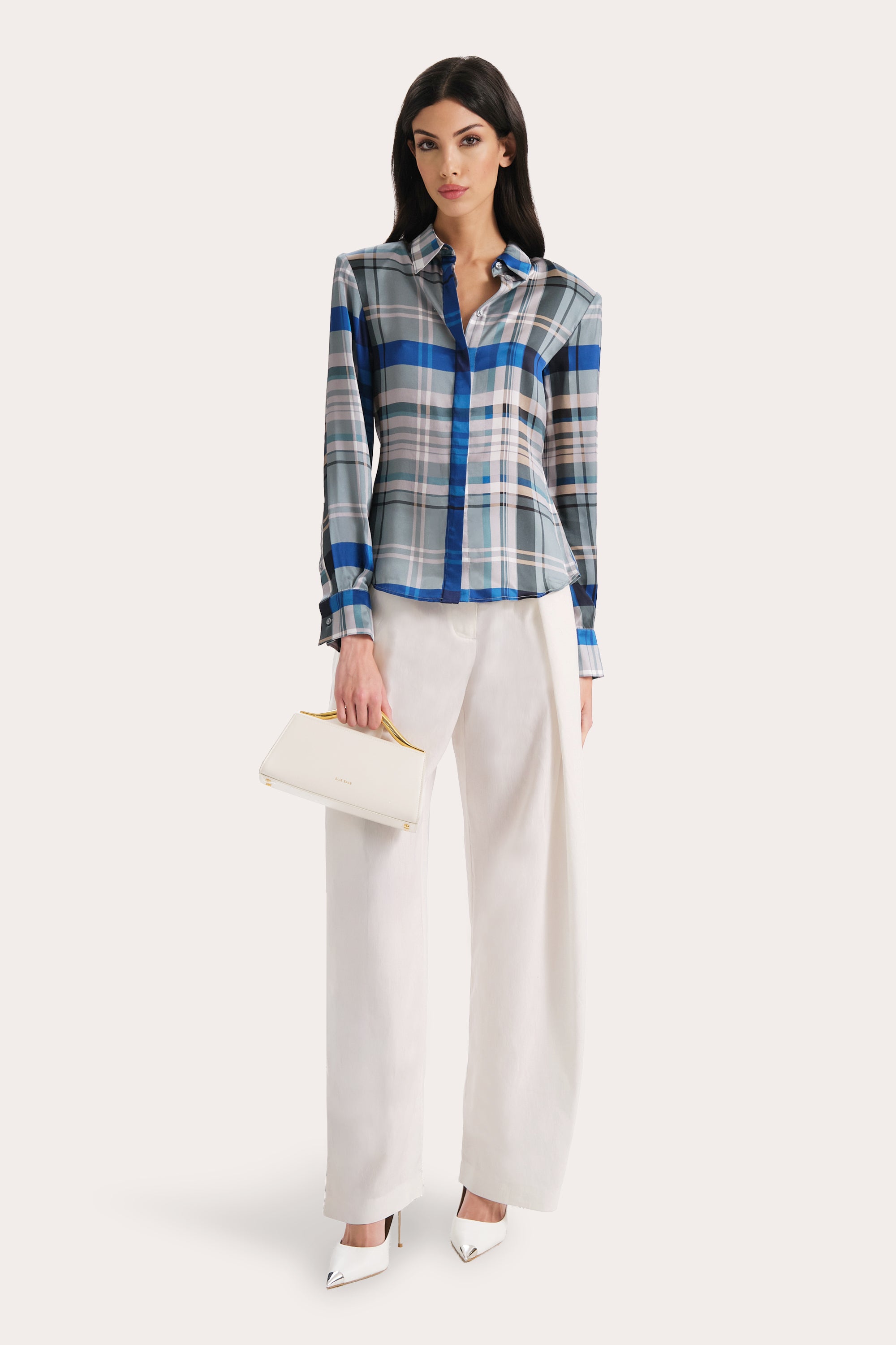 Elie Tahari Emma bluzka jedwabna w kratkę Blue Multi
