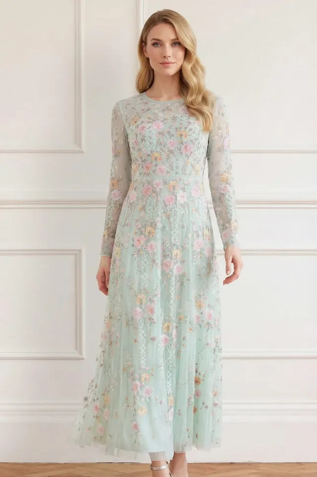 Needle & Thread Garden Rose Ankle Gown sukienka zielona haft