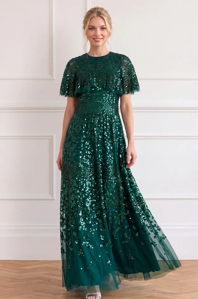 Needle & Thread Snowdrop Cape Gown suknia zielona cekinowa