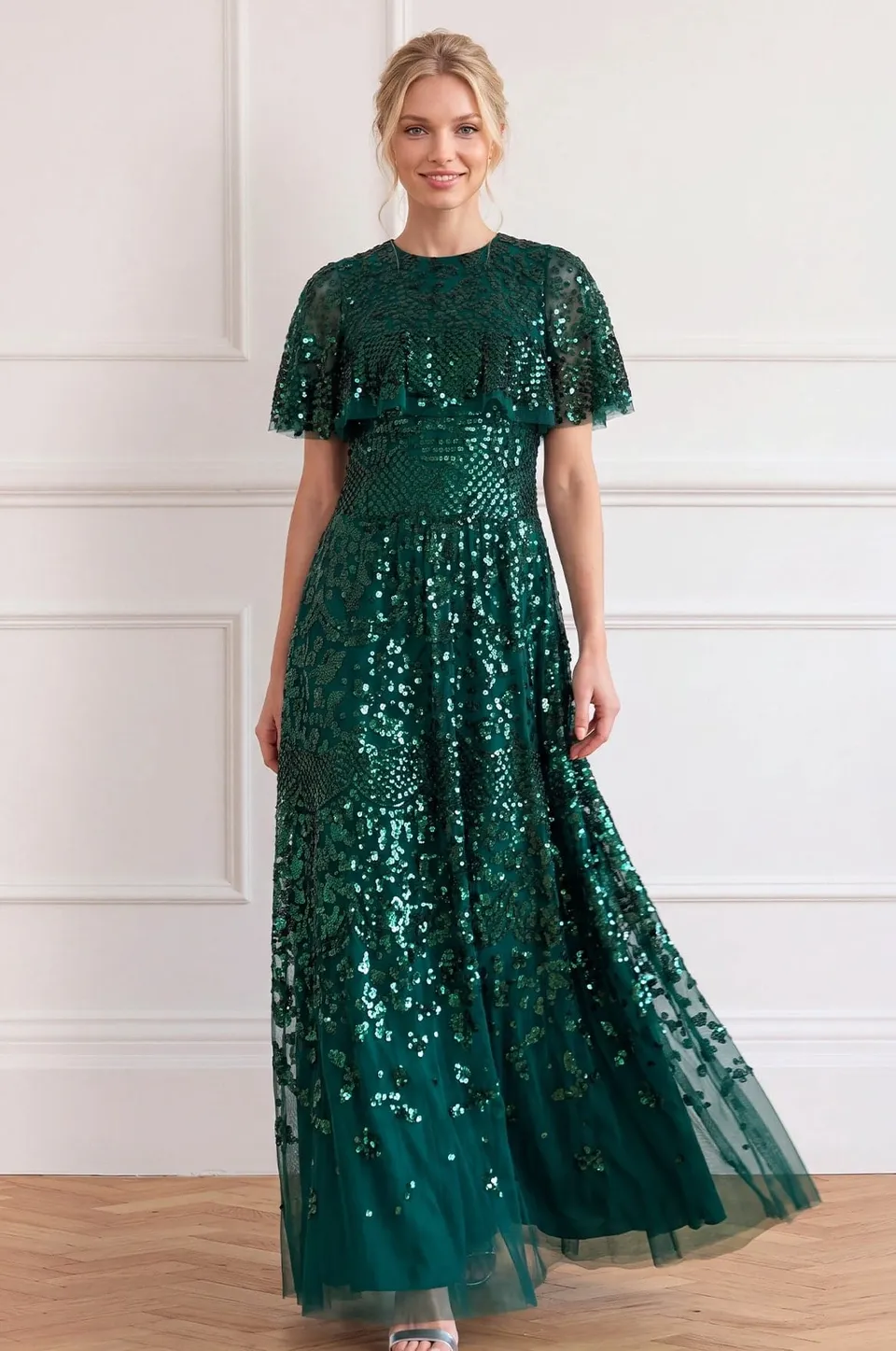 Needle & Thread Snowdrop Cape Gown suknia zielona cekinowa