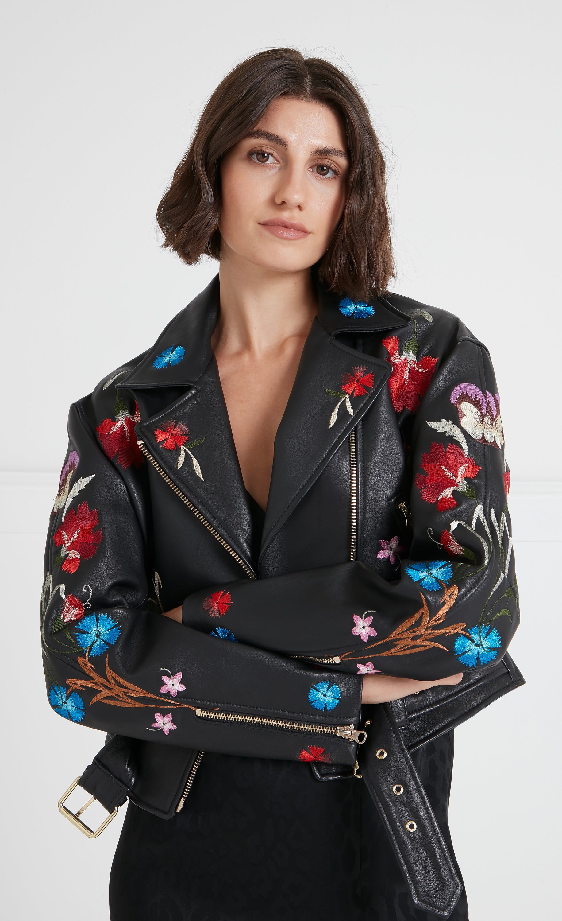 Temperley London Toledo kurtka Black skórzana haftowana