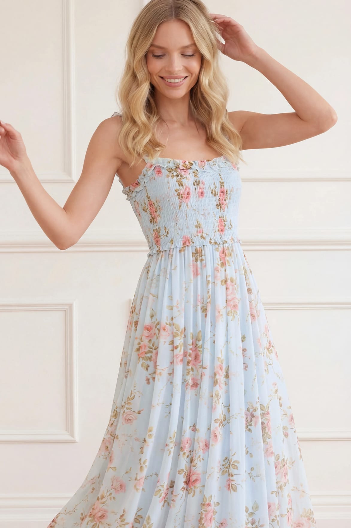 Needle & Thread Summer's Rose Chiffon Gown sukienka Blue kwiatowa
