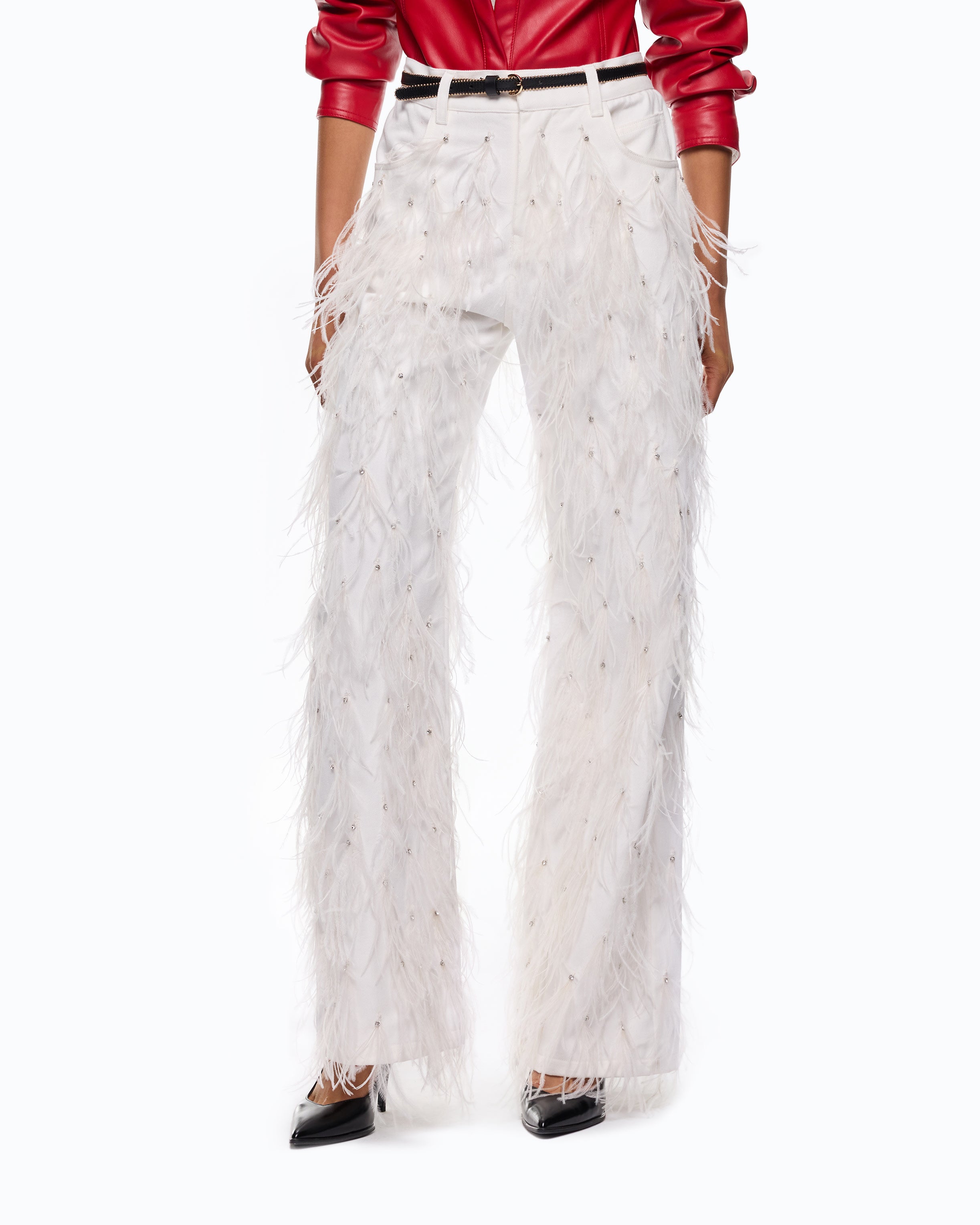 Pinko Tigra Wide Leg spodnie eleganckie białe z piórami