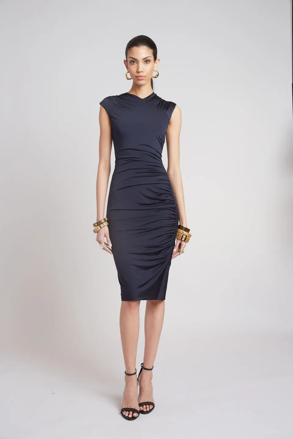 Elie Tahari Ruched E5052605 sukienka indygo marszczona