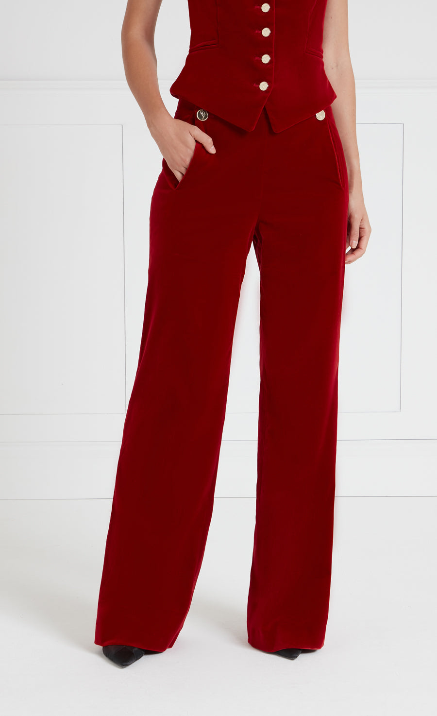 Temperley London Clove spodnie welurowe Scarlet wysoki stan