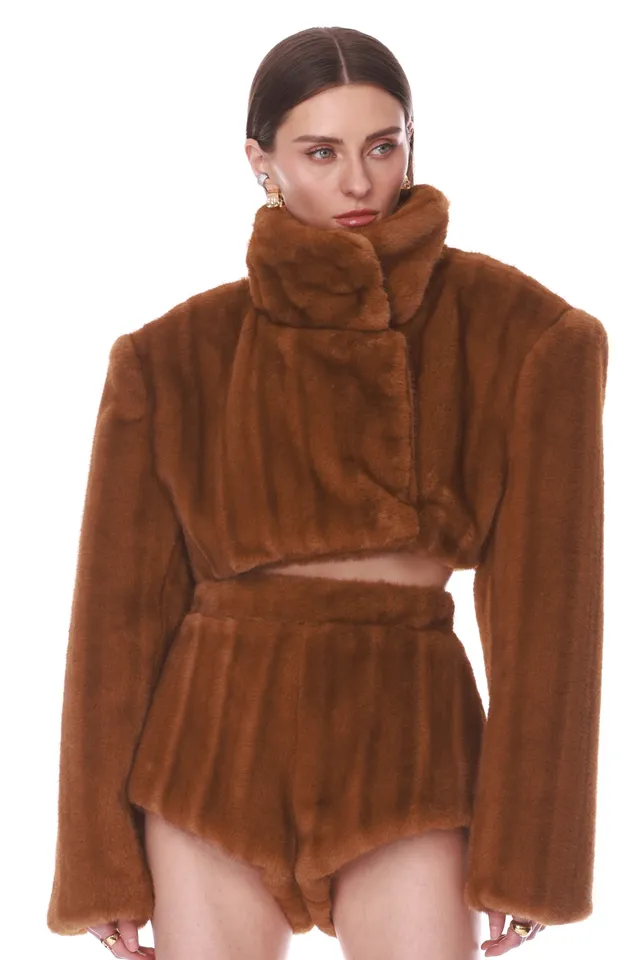 Bronx and Banco Faux Mink kurtka futrzana brązowa cropped