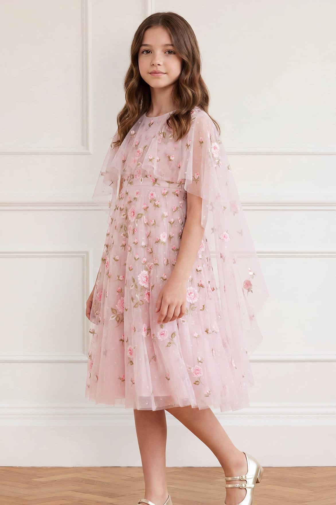 Needle & Thread Rose Bloom Cape sukienka dziewczęca różowa w kwiaty