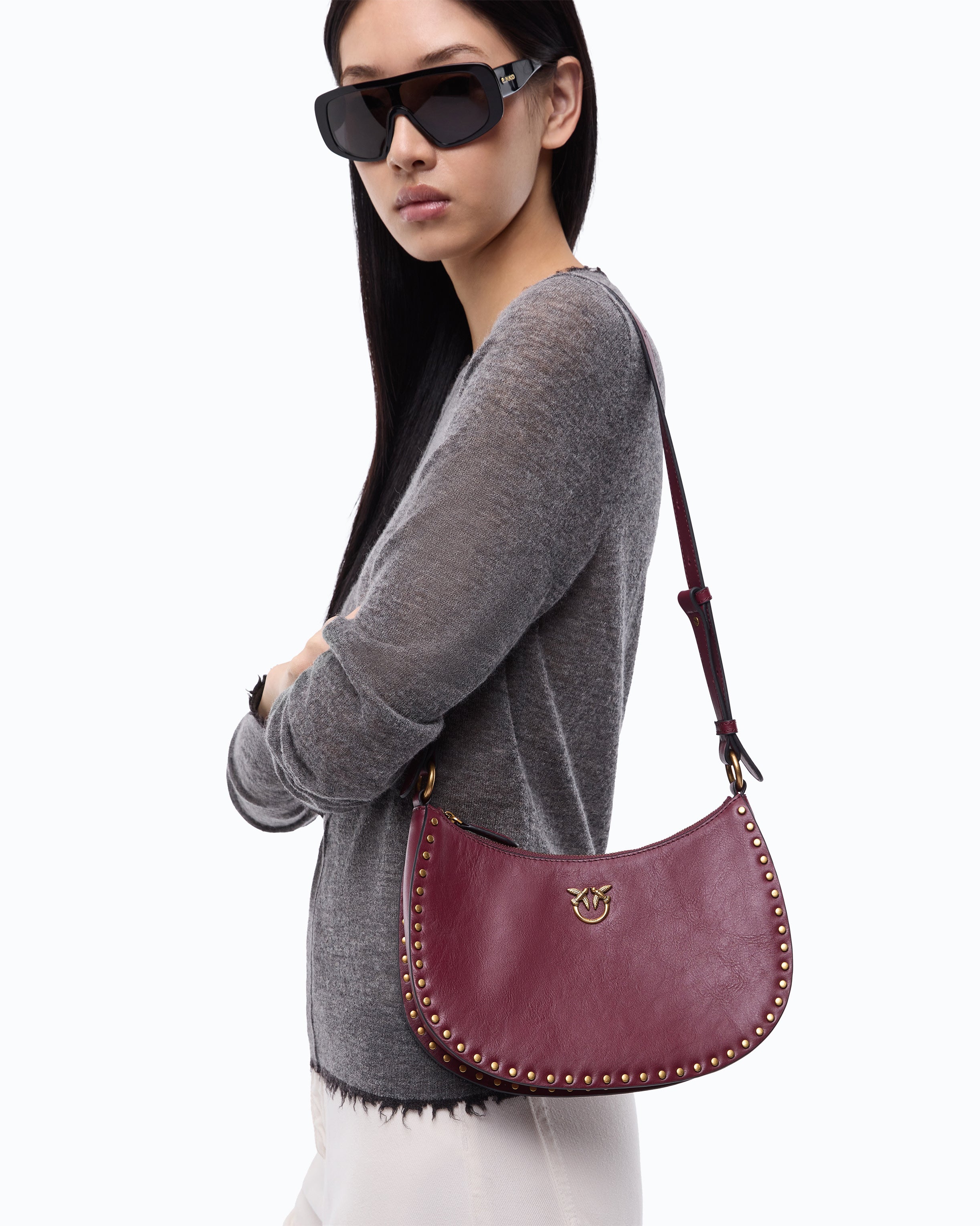 Pinko Half Moon Mini torebka bordowa ćwieki