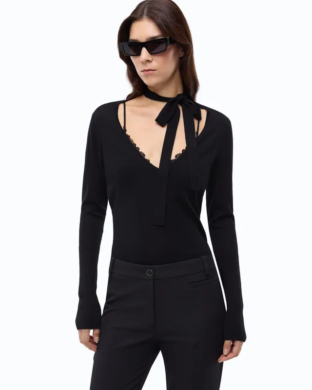 Pinko Soffio Sweater sweter czarny wełniany z koronką