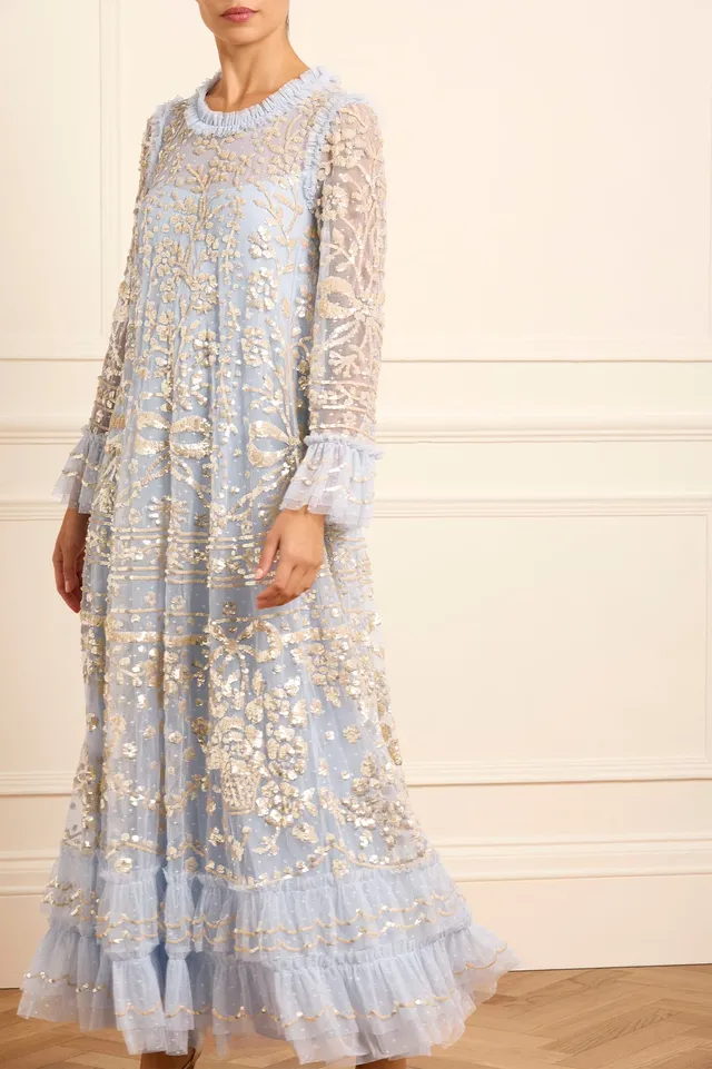 Needle & Thread Celia Long Sleeve Ankle Gown sukienka niebieska cekinowa