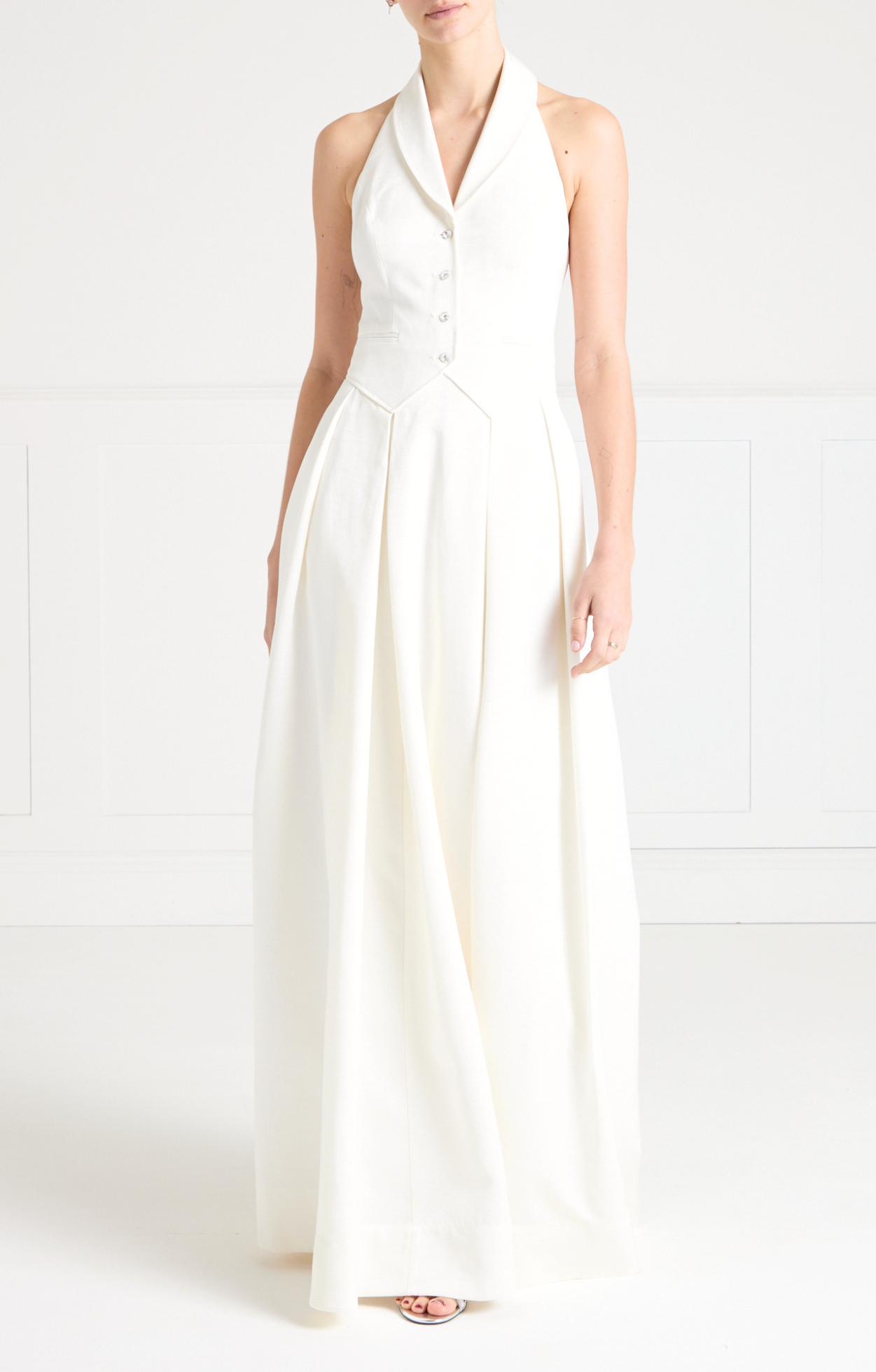 Temperley London Elodie suknia halter ecru maxi kieszenie