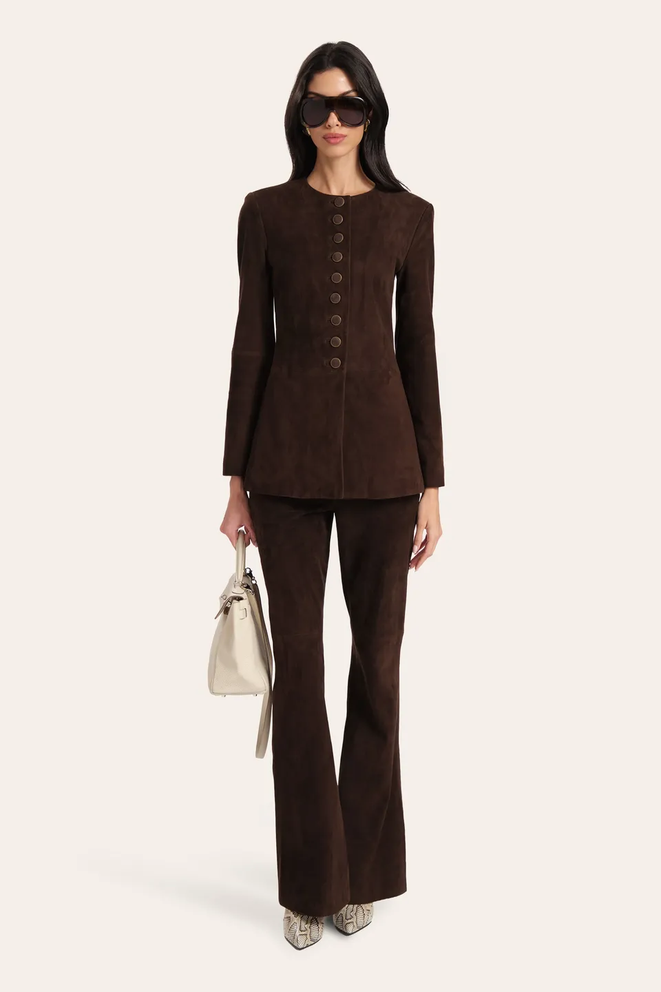 Elie Tahari Anouk Tailored Suede kurtka zamszowa brązowa koza