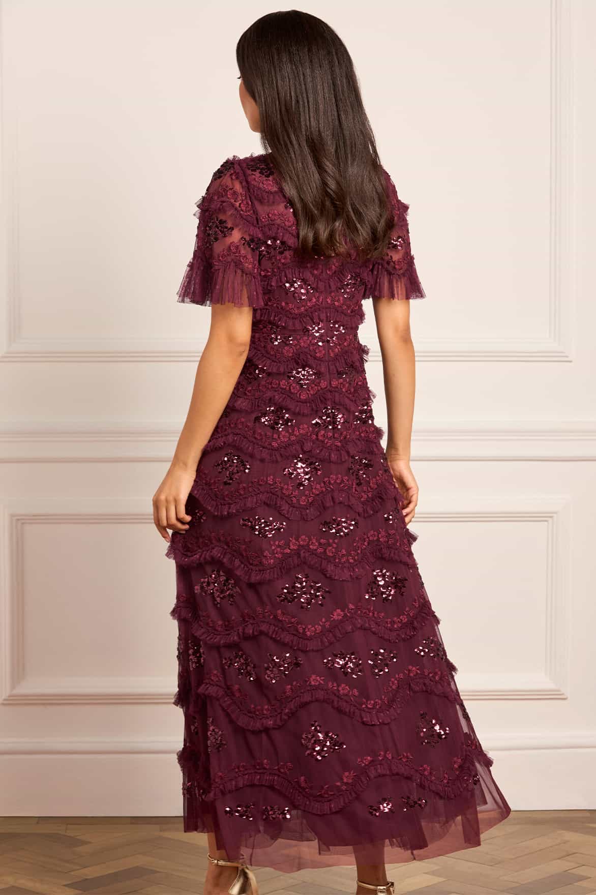 Needle & Thread Daisy Wave Ankle Gown sukienka fioletowa cekinowa