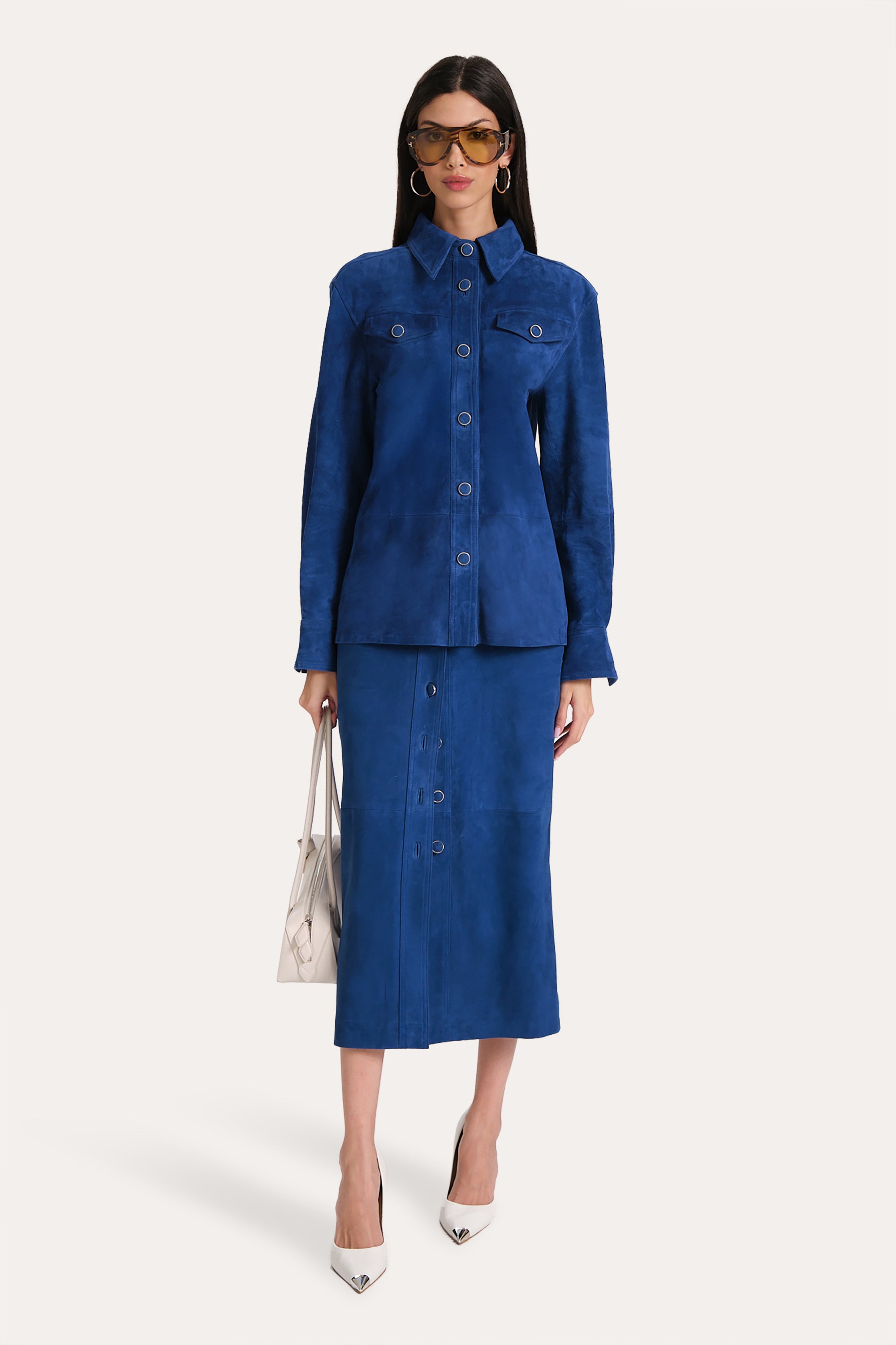 Elie Tahari Althea spódnica midi Azure zamszowa