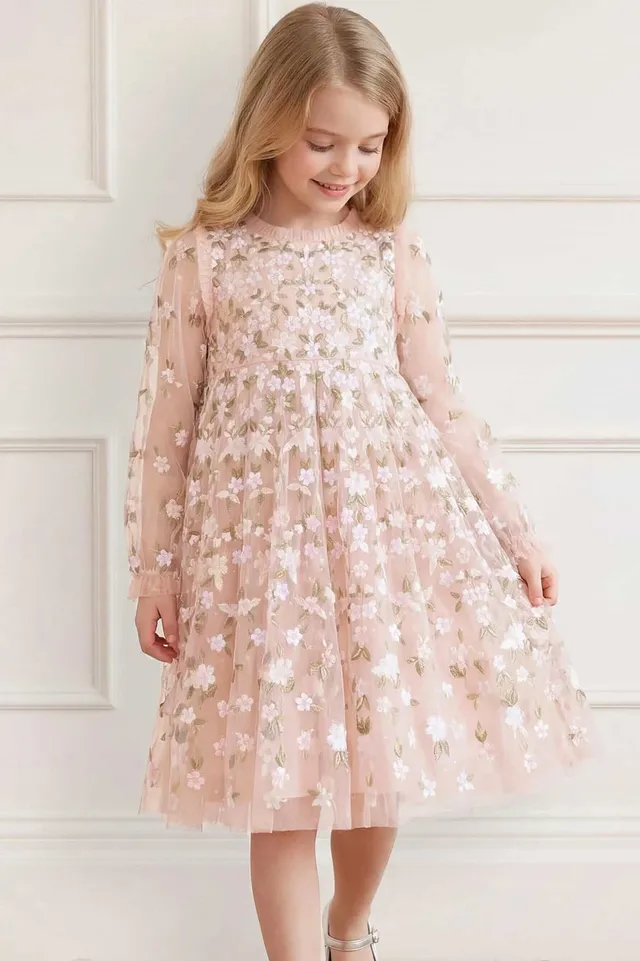 Needle & Thread Camellia Ditsy Long Sleeve Kids Dress sukienka różowa