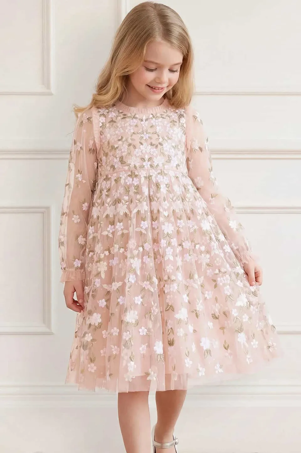 Needle & Thread Camellia Ditsy Long Sleeve Kids Dress sukienka różowa