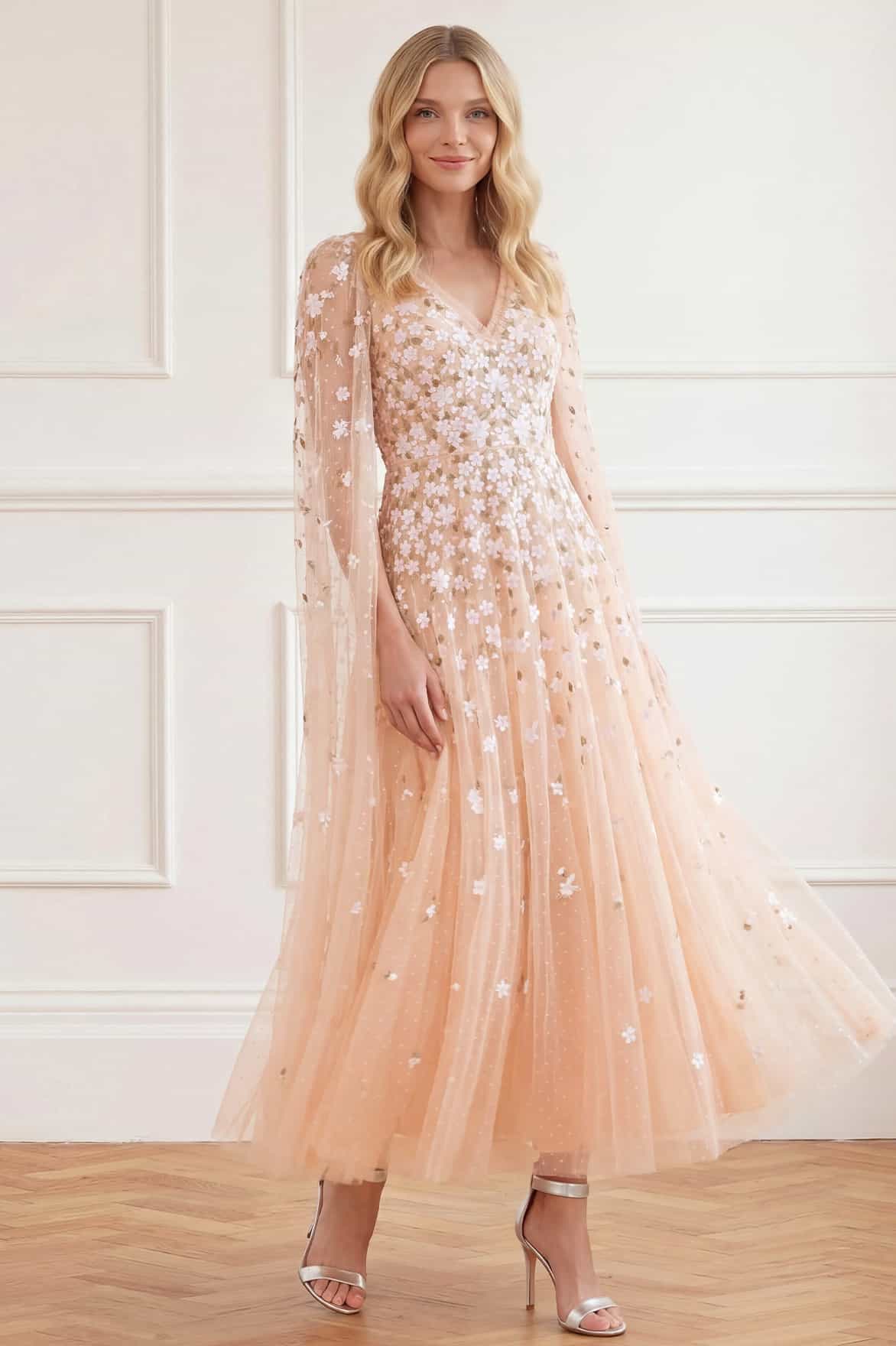 Needle & Thread Camellia Ditsy Cape Ankle Gown suknia róż