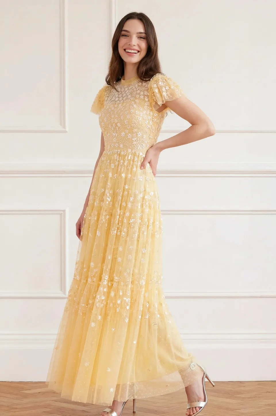 Needle & Thread Clover Short Sleeve Ankle Gown sukienka żółta cekinowa