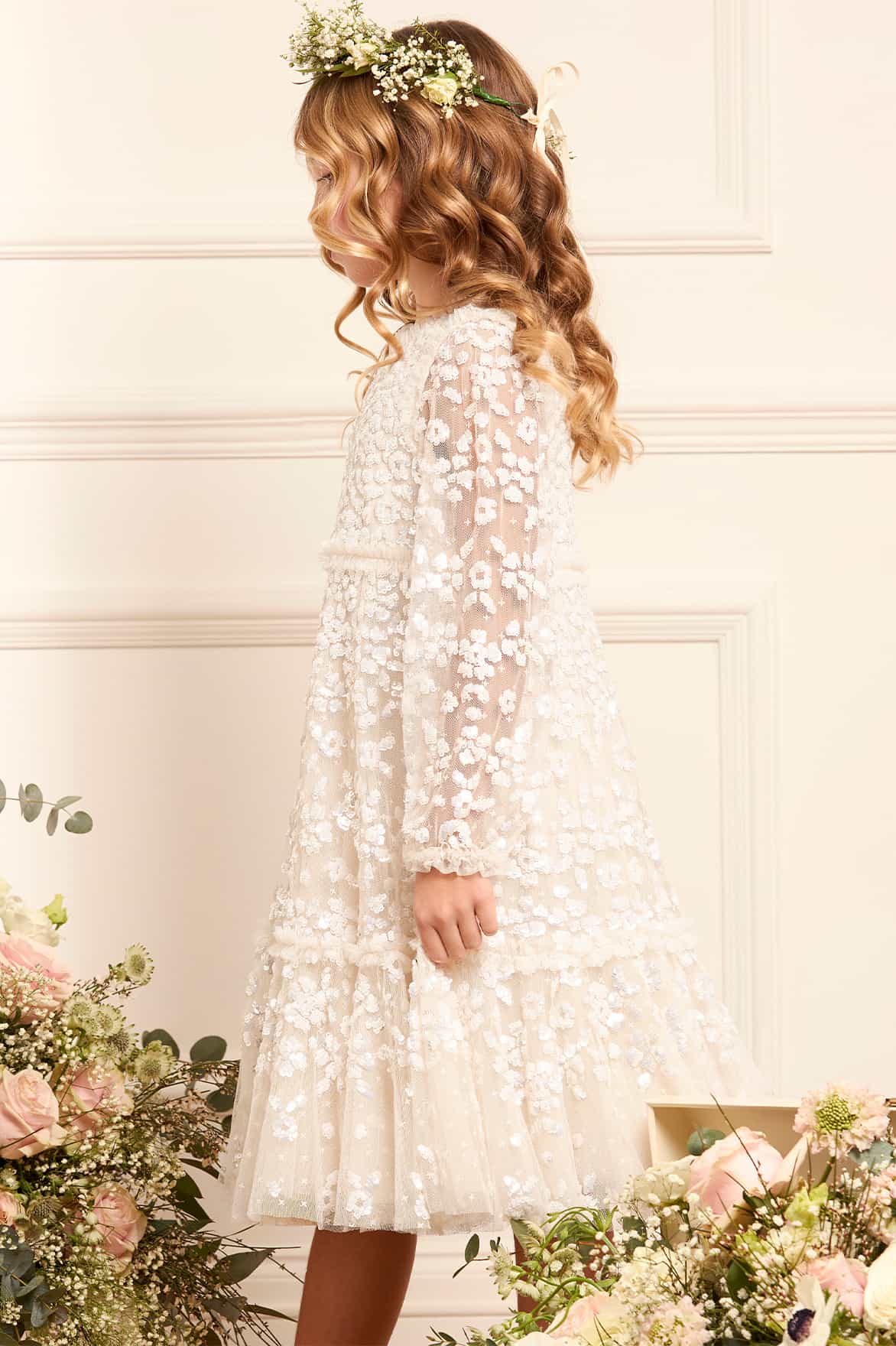 Needle & Thread Maeva Long Sleeve Kids Dress sukienka kremowa