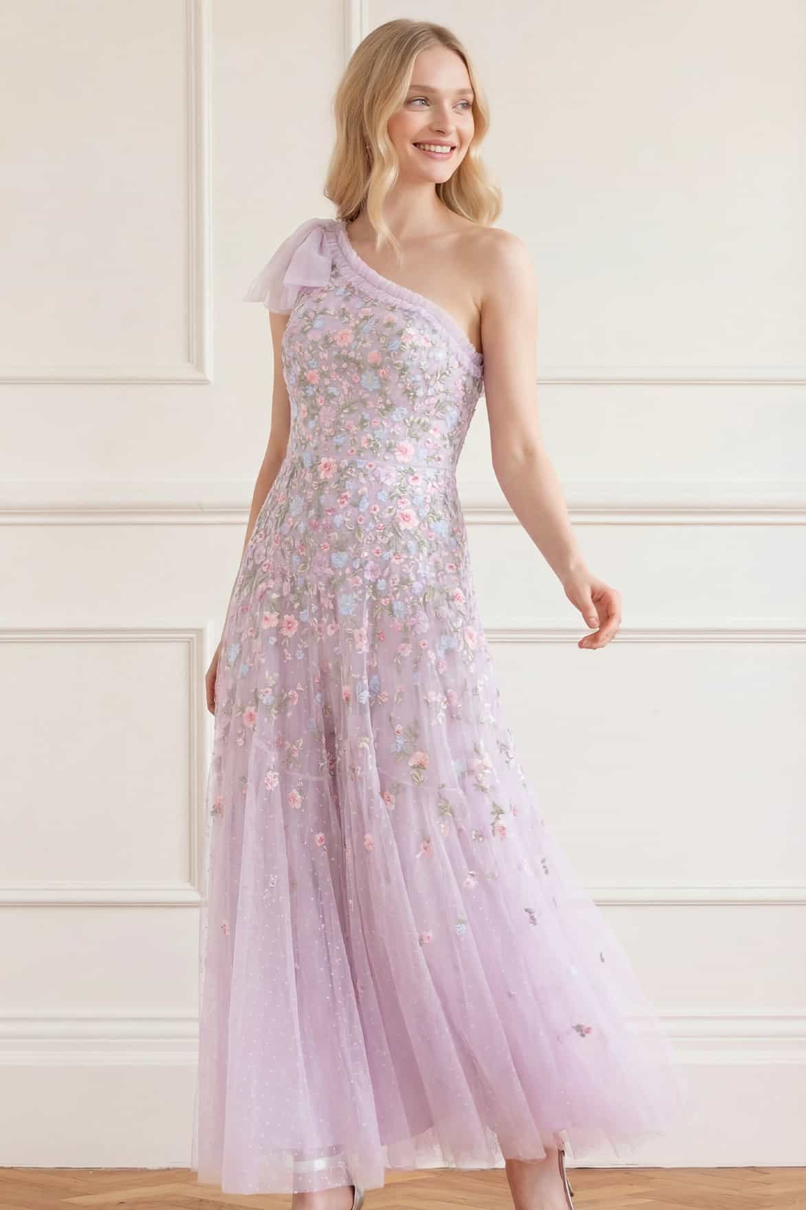 Needle & Thread Sylvia Rose One-Shoulder Bow Ankle Gown sukienka fioletowa haftowana