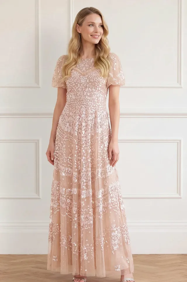 Needle & Thread Anais Sequin Short Sleeve Gown suknia Beige