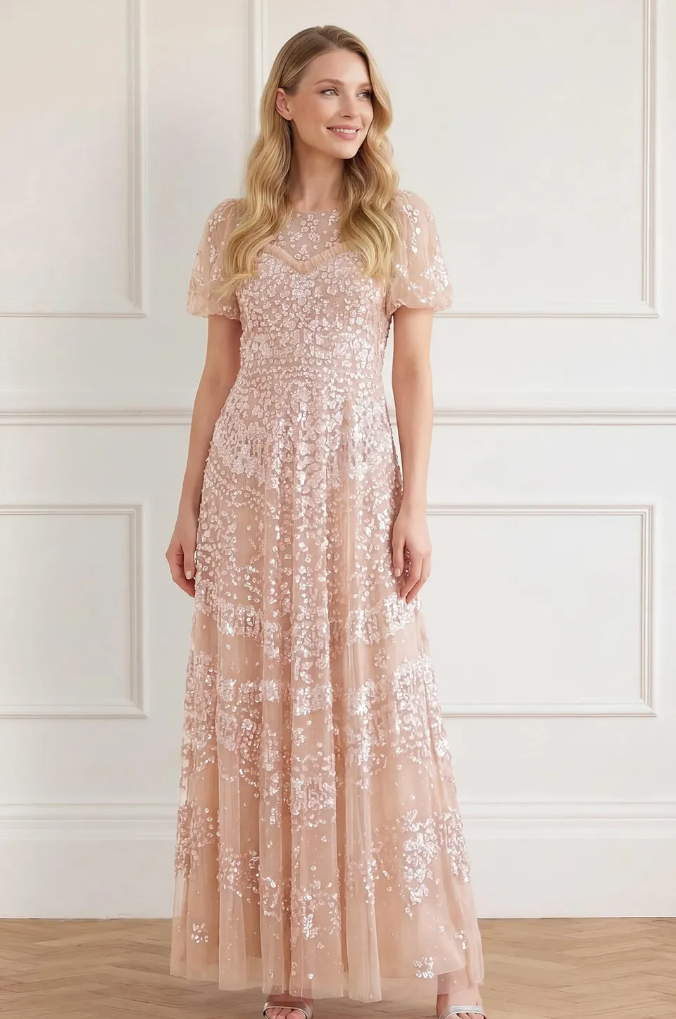 Needle & Thread Anais Sequin Short Sleeve Gown suknia Beige
