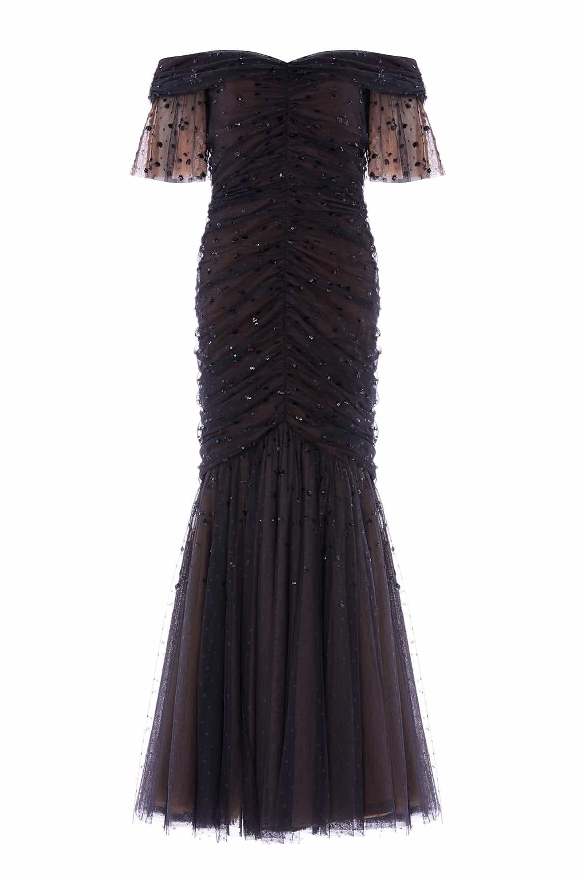 Needle & Thread Dappled Sequin Rouched Off-Shoulder Gown suknia czarna