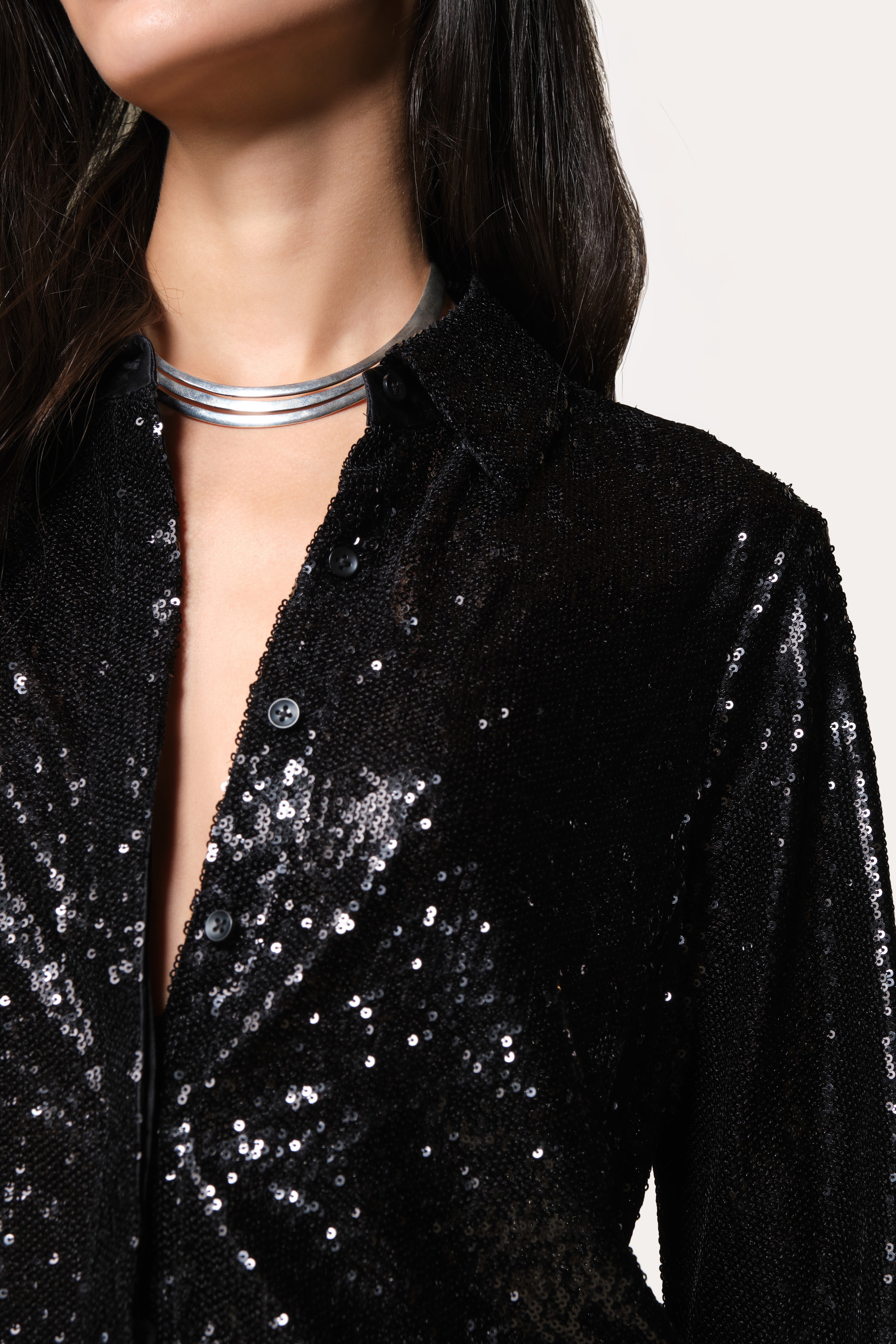 Elie Tahari Sequined Button Down koszula Black cekiny