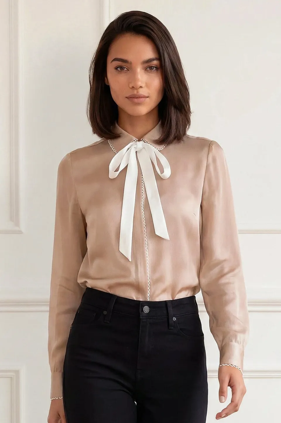 Needle & Thread Lace Trim Bow Shirt koszula Beige jedwabna