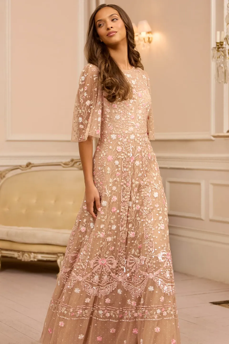 Needle & Thread Rococo Ribbon Round Neck Gown suknia beż